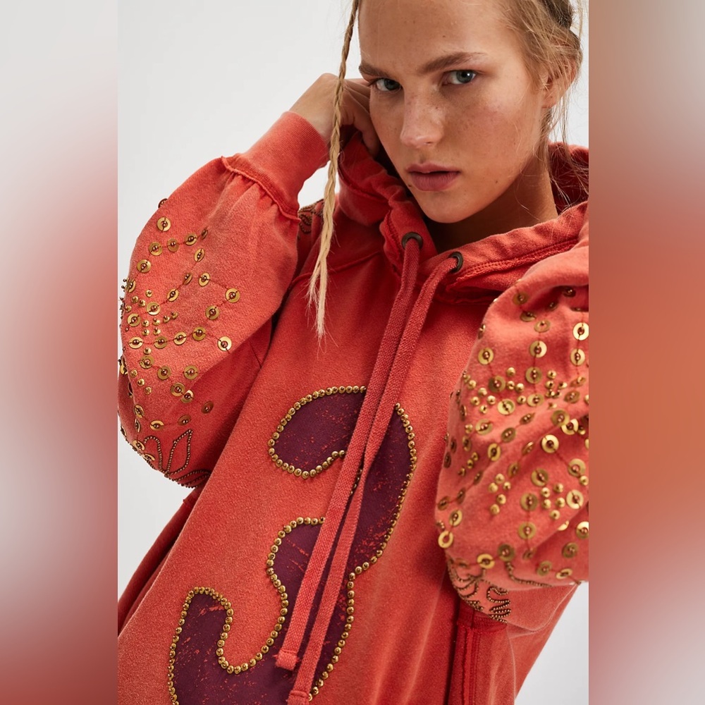 Free People Rust Orange Embellished Sequin Hoodie